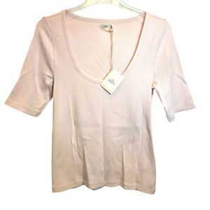 Faherty Freestyle Rib-Knit T-Shirt Top Sz Large Pink Peach Scoop Neck Slim Fit